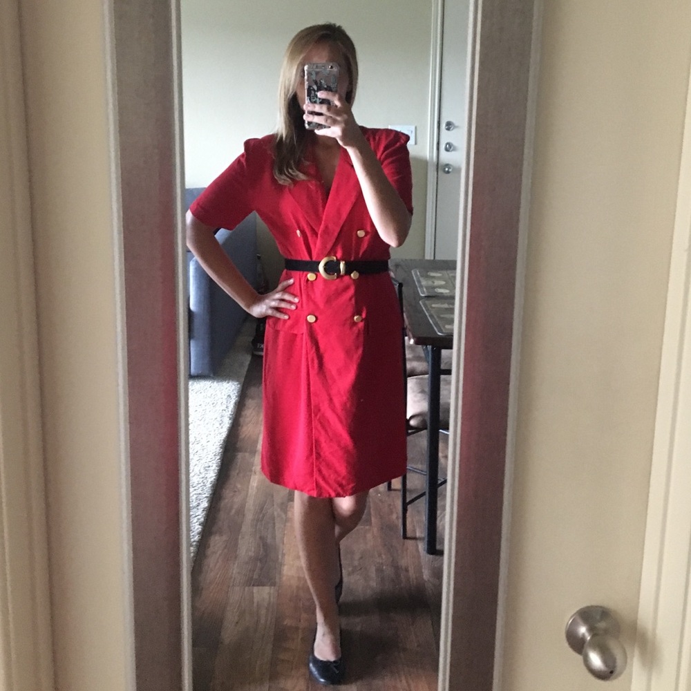 VTG Red Midi Long Structured Gold Button Dress 10 - Picture 6 of 7